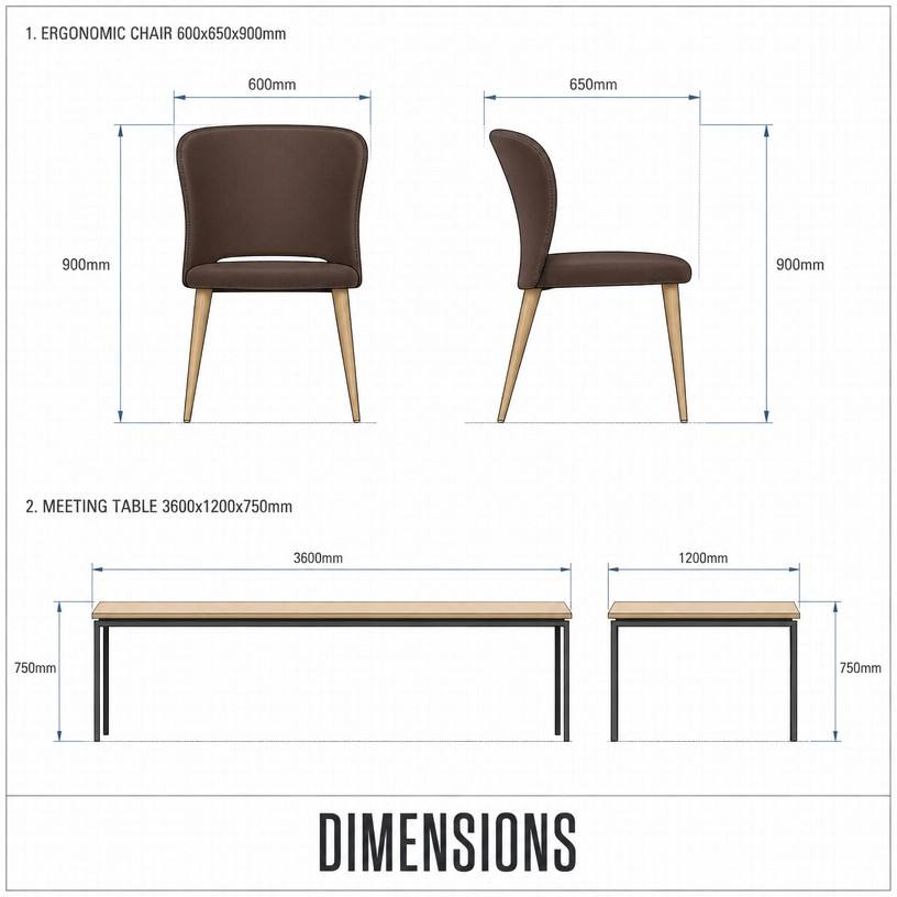 Ergonomic chair (600 × 650 × 900 mm; conference table 3600 × 1200 × 750 mm) Dimensions