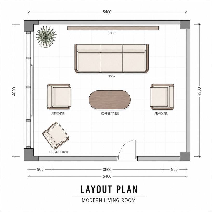 Top-down Floor Plan (Sofa + Armchair + Lounge Chair + Oval Coffee Table + Floating Shelf) Modern Living Room Layout Diagrams