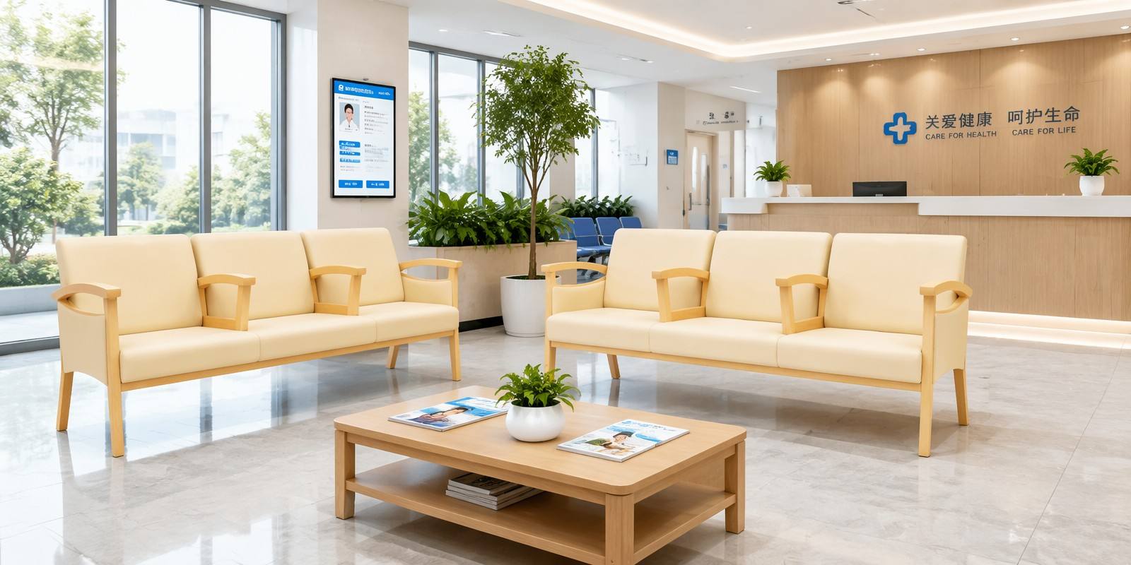 Healthcare reception chair Hospital waiting room L-shaped sofa set, coffee table, reception desk