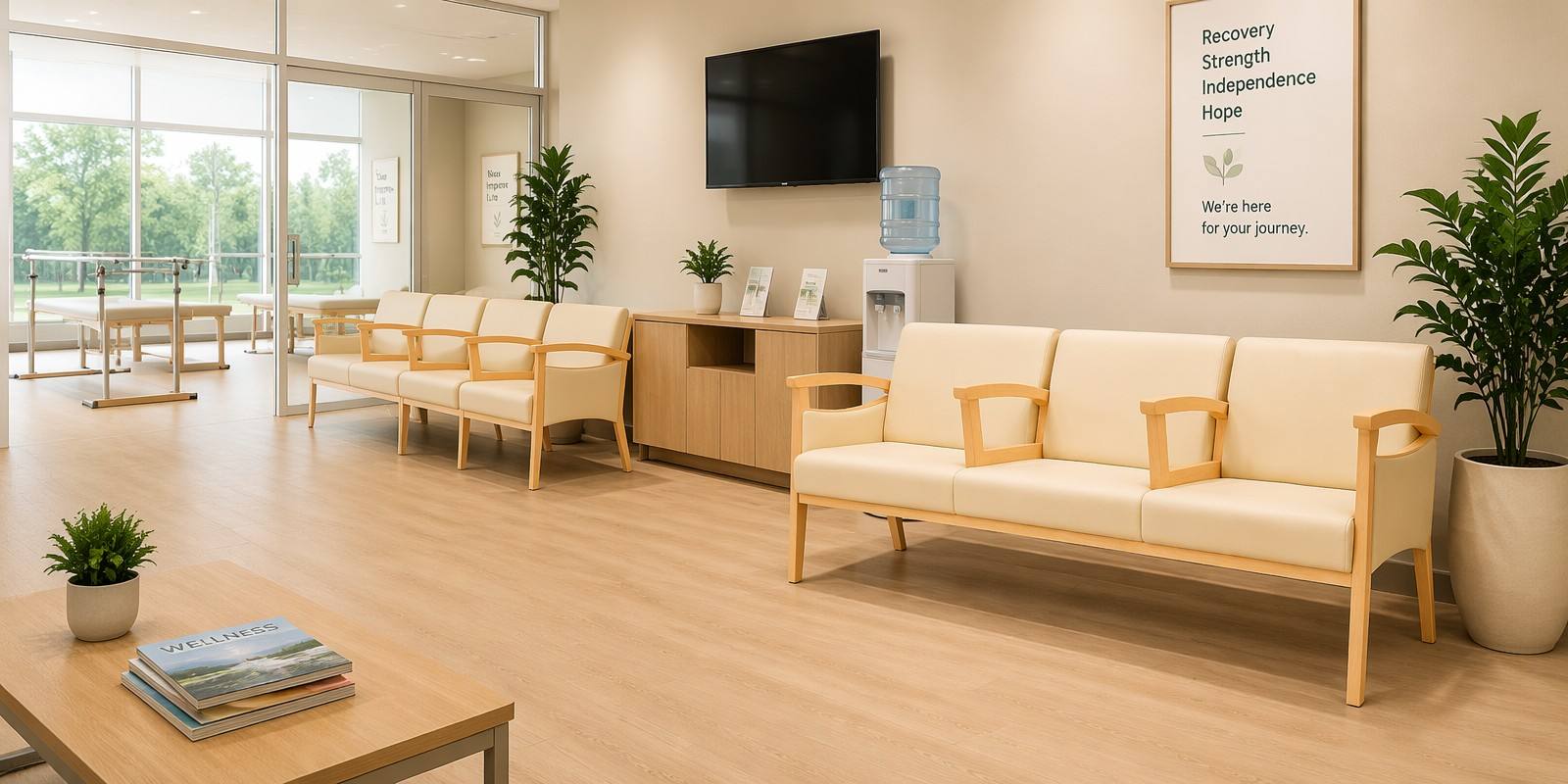 waiting lounge area furniture Rehabilitation Centre lounge area sofa set, storage cupboards, television, physiotherapy equipment, water dispenser