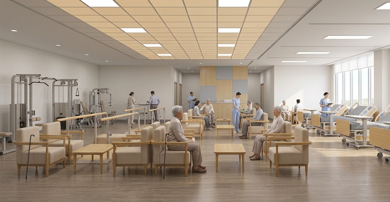 Furniture for a spacious medical care and rehabilitation hall The vast medical care and rehabilitation hall