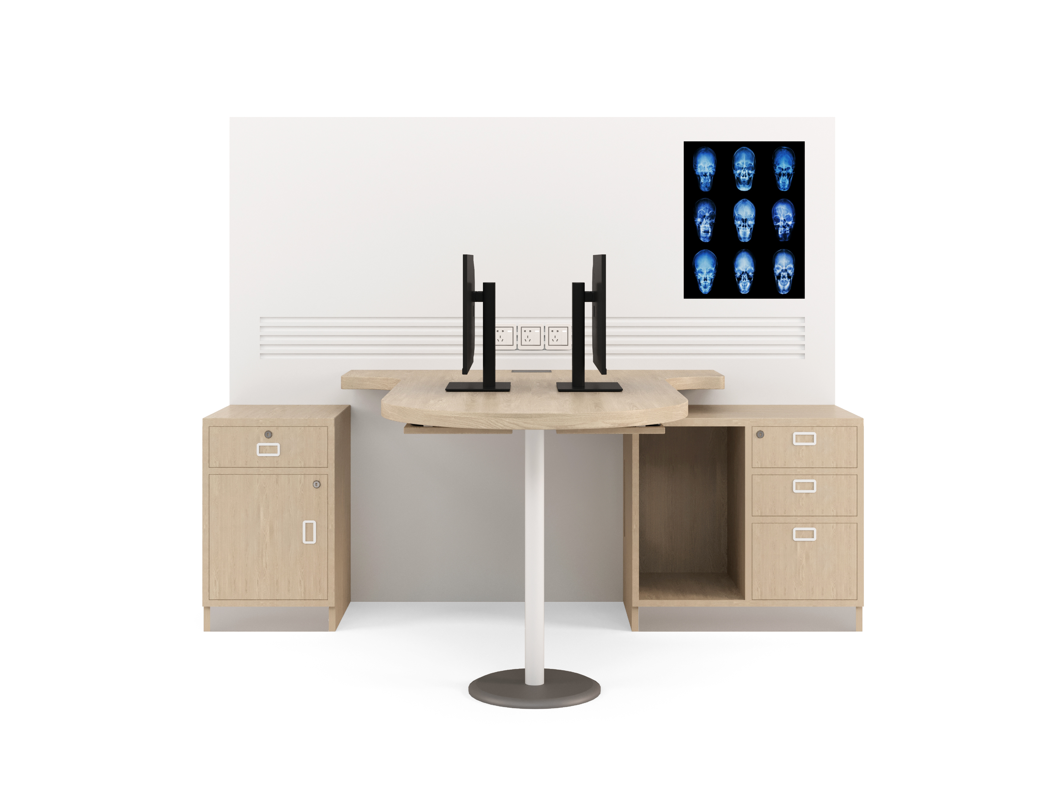 T Shaped Hospital Workstation with Side Cabinet Storage 