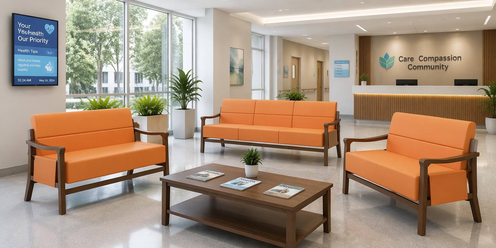 Hospital lobby reception seating Waiting room chairs for hospitals; two-seater sofas facing each other; three-seater sofas; coffee tables; reception desk