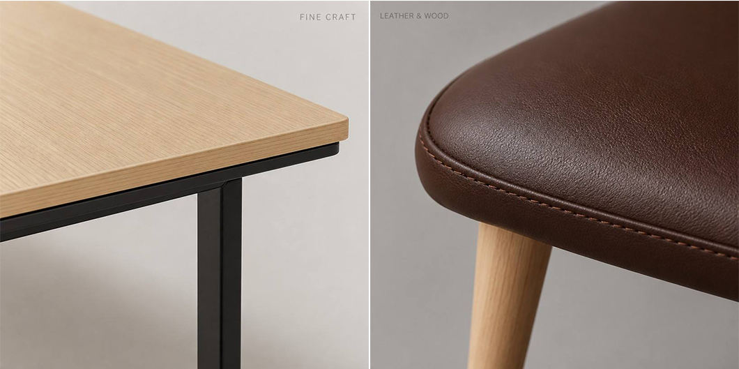 Wood grain on the tabletop and close-up of the legs Leather seat and Close-up of tapered wooden legs