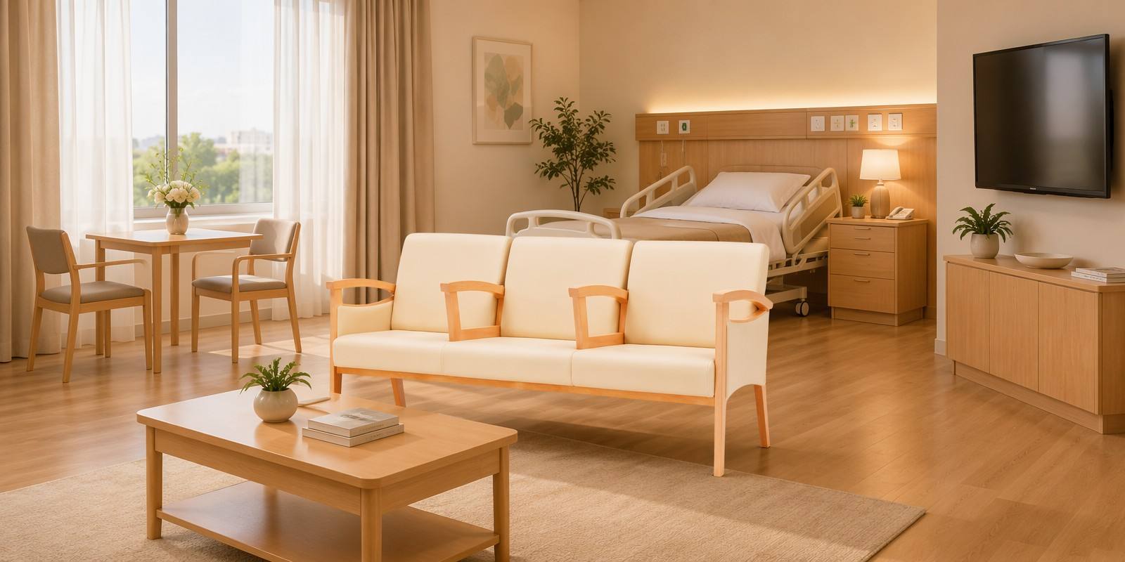 tables and sofa set Furniture for the patient care and rest area coffee tables, hospital beds, bedside tables, dining tables and chairs