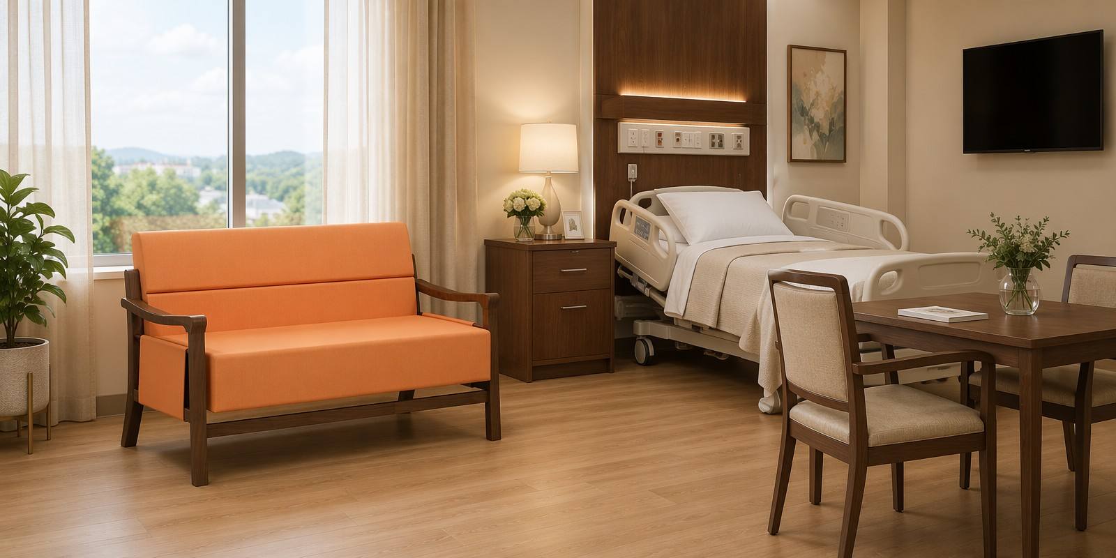Sofa in a patient’s room VIP ward sofa, bedside table, hospital bed, dining table and chairs