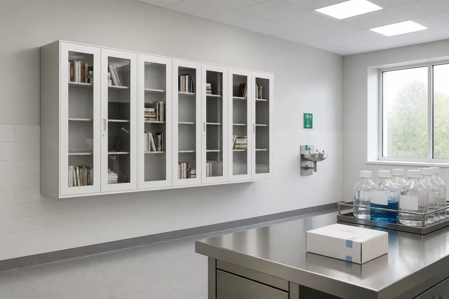 tall steel cabinet with glass doors for medical office Wall-mounted cupboard for medical office