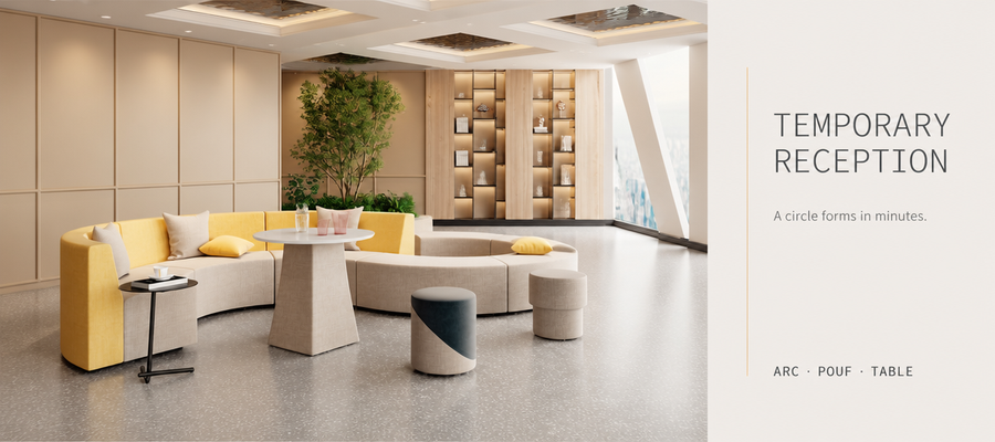 moulded shell lounge sofa scene temporary reception furniture