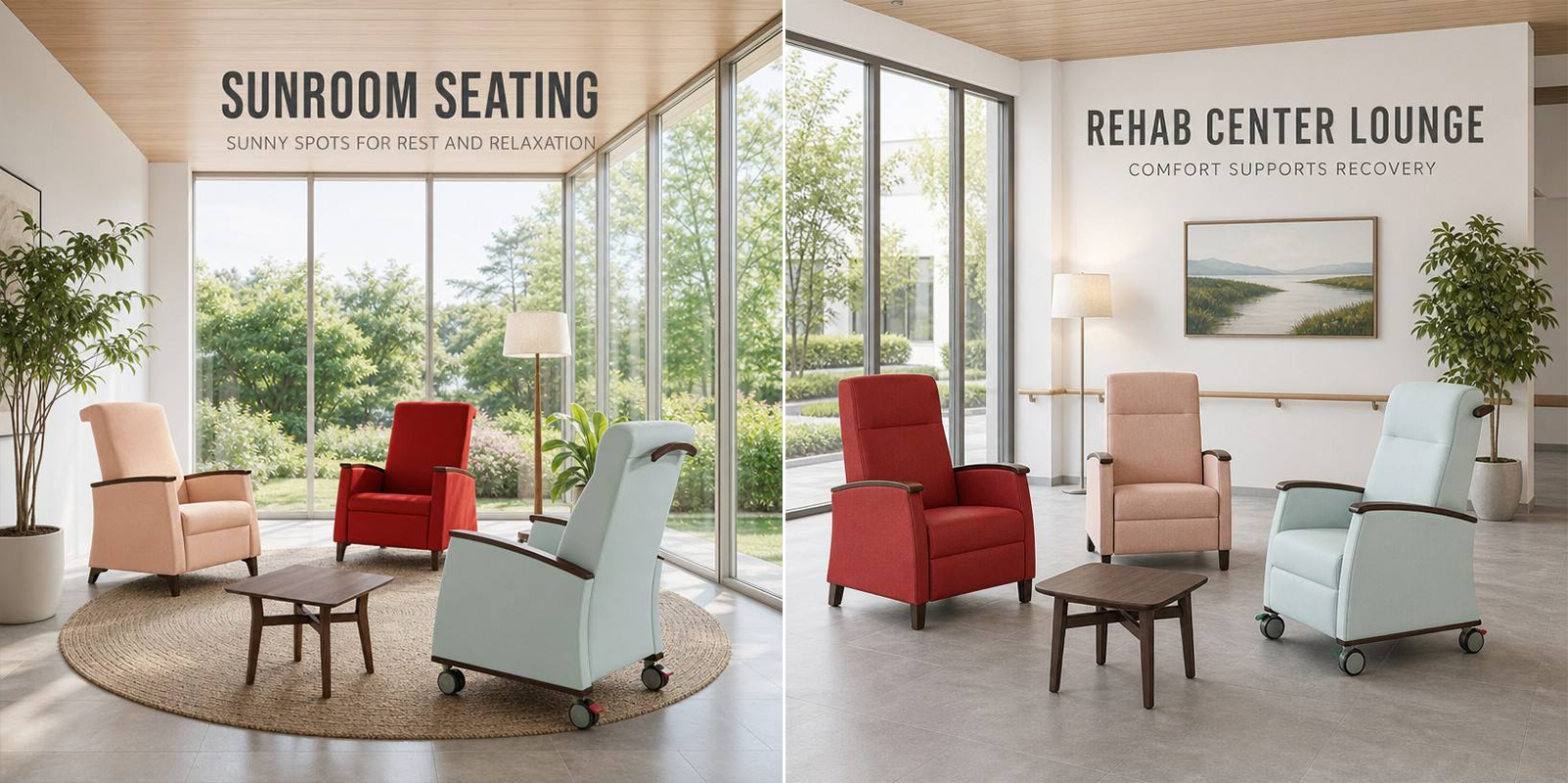 WELLNESS COMMUNITY LOUNGE VIBRANT COLOR, CALM LIVING REHAB CENTER LOUNGE COMFORT SUPPORTS RECOVERY