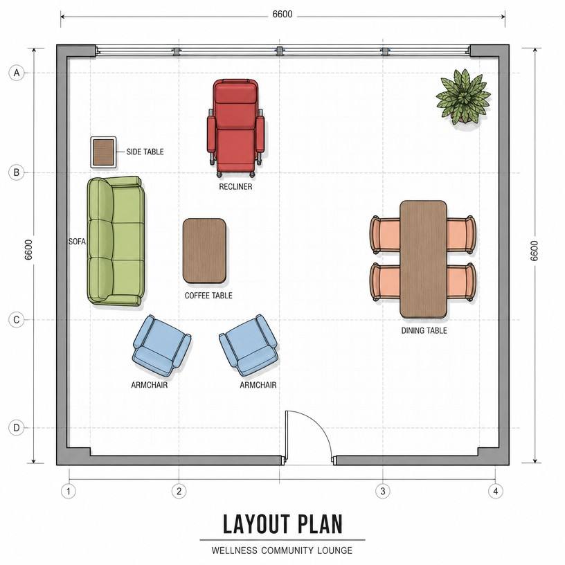 Bird’s-eye view of the living room layout in the wellness community (sofa + recliner + armchair + coffee table + side table + dining table and chairs) Layout Drawings
