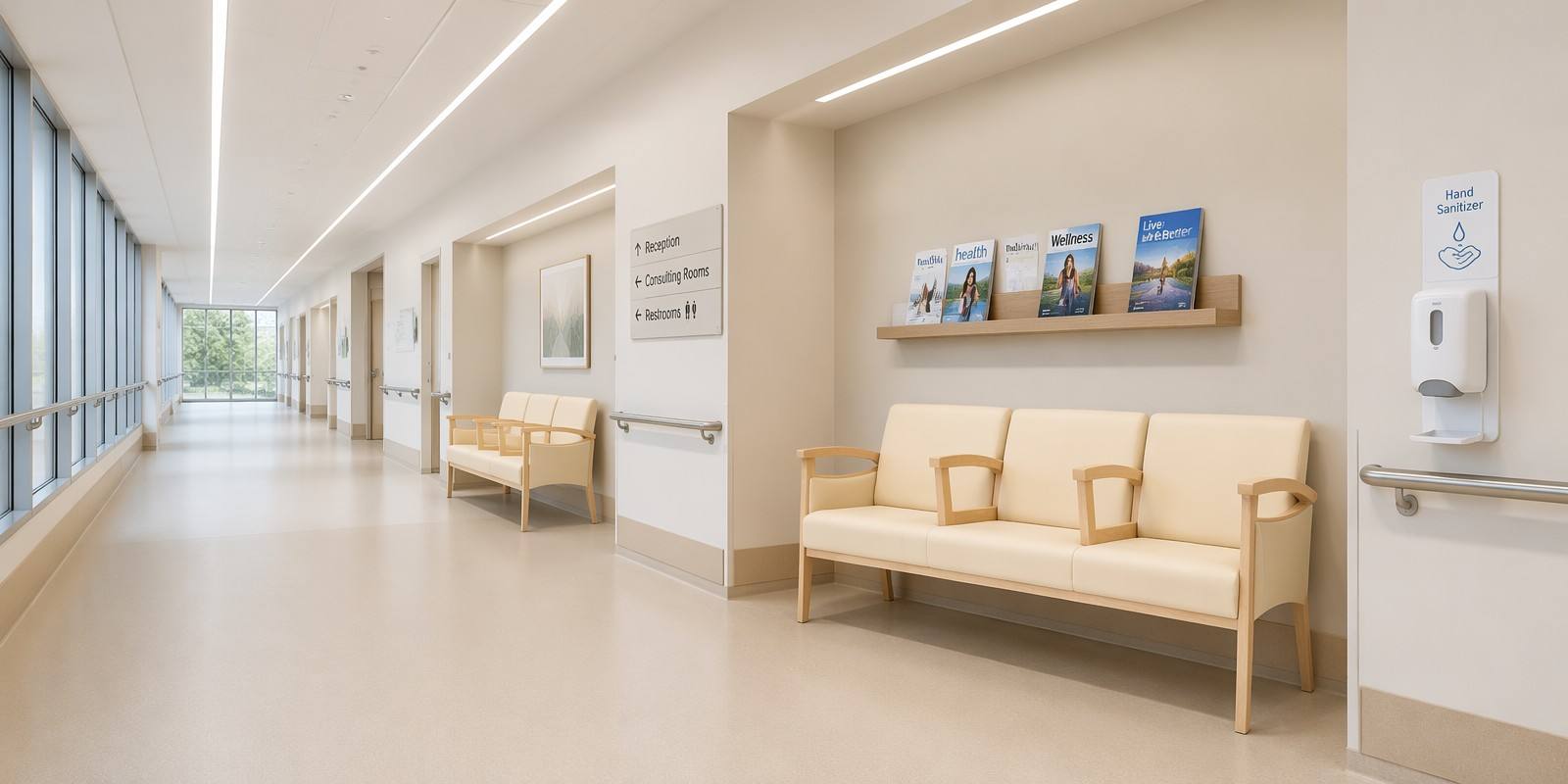 Corridor waiting sofa Sofas in the hospital corridor waiting area, facing sofas, wall-mounted shelves, hand sanitiser stations