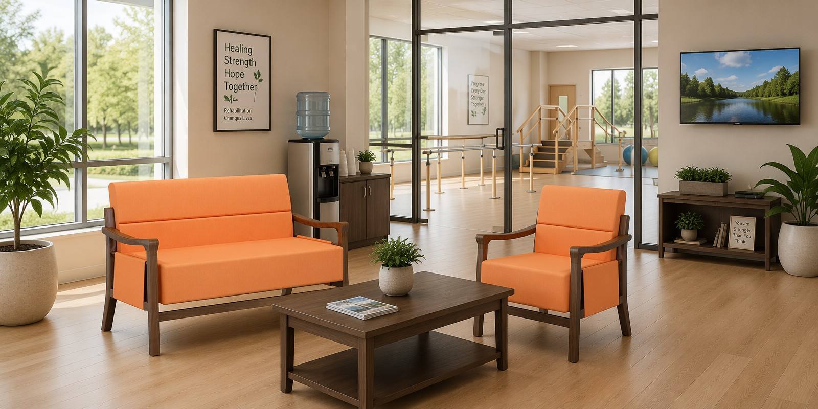 waiting centre Lounge sofas Furniture for the family waiting area at the rehabilitation centre armchairs, coffee tables, TV stands