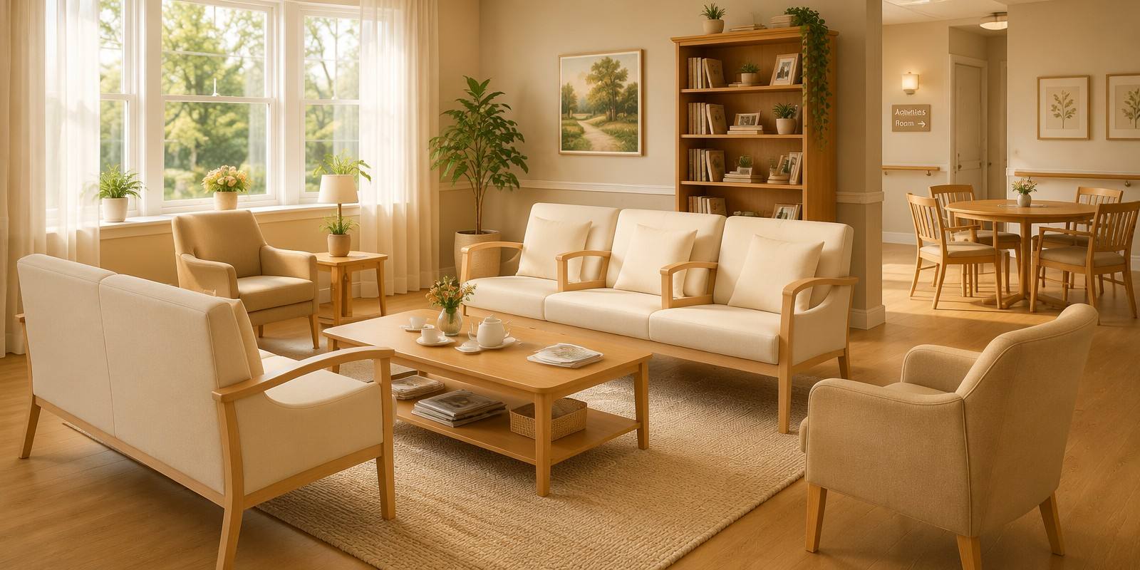 Living room Furniture Set Nursing home communal lounge facing sofa set, coffee table, armchairs, bookshelves, dining table and chairs