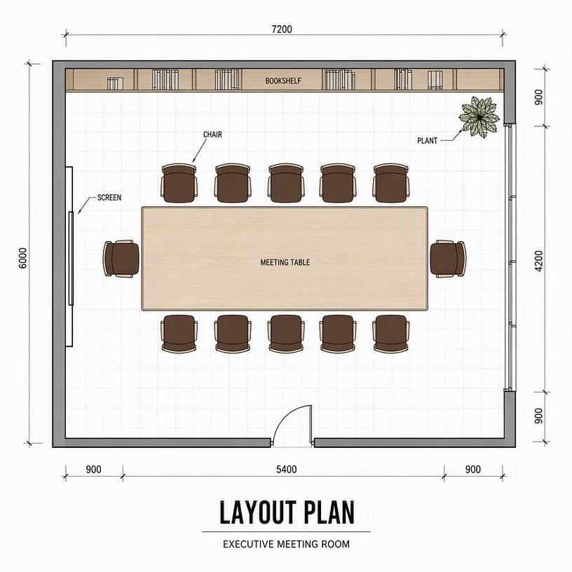 Top-down floor plan of a high-end meeting room (conference table + conference chairs + bookshelves + display screen) Layout Drawings