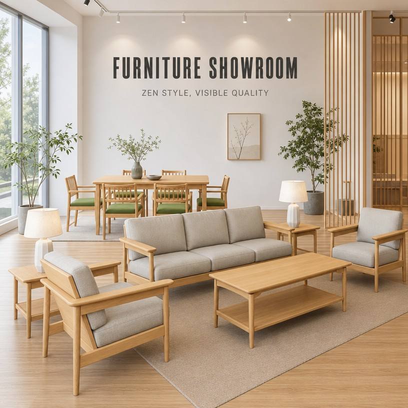  Zen Minimalist Solid Wood Lounge Sofa Set for Senior Living Receptions