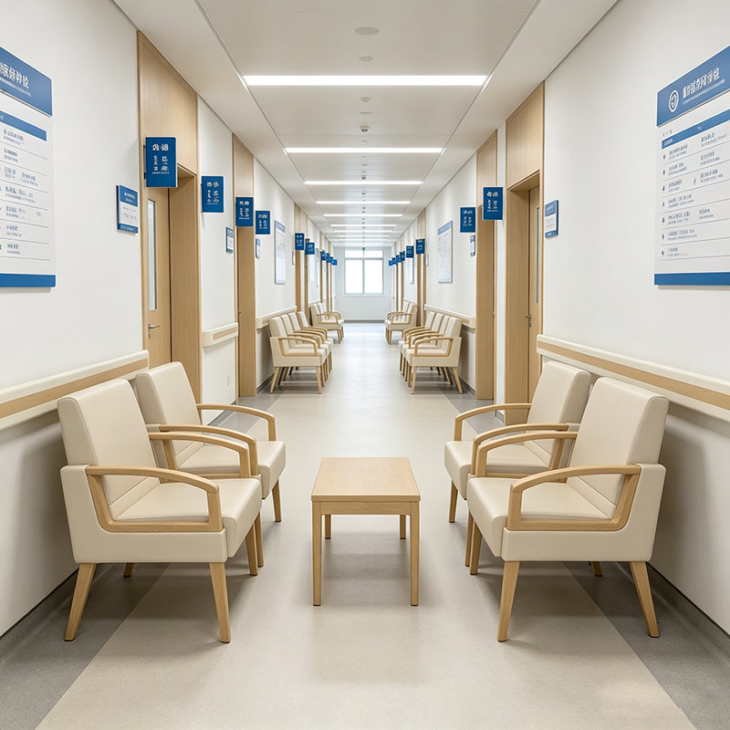 Waiting Room Chairs for Hospital - Modular Solid Wood PU Leather Clinic Reception Seating Bench with Integrated Tea Table