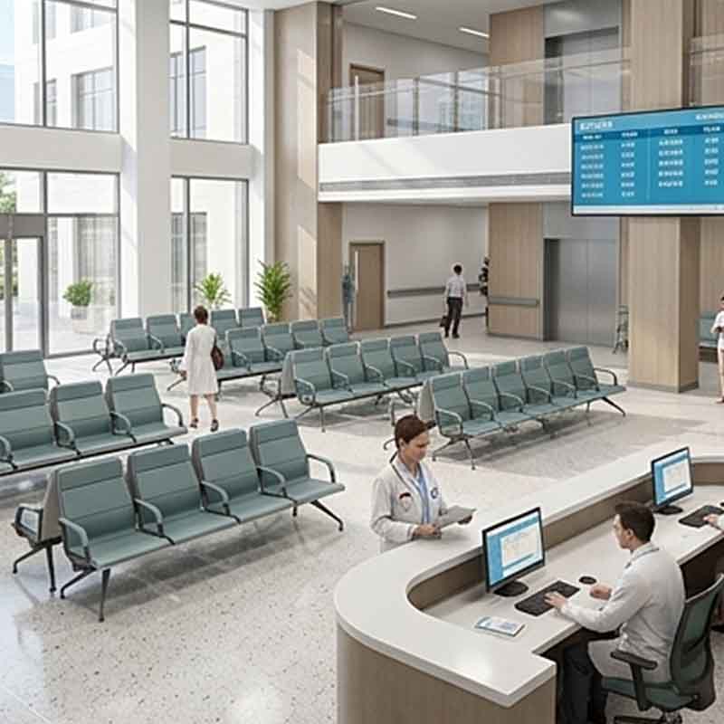 Modern Hospital Waiting Area Seating with Antimicrobial Vinyl Cushion & Heavy-Duty Metallic Reception Desk System