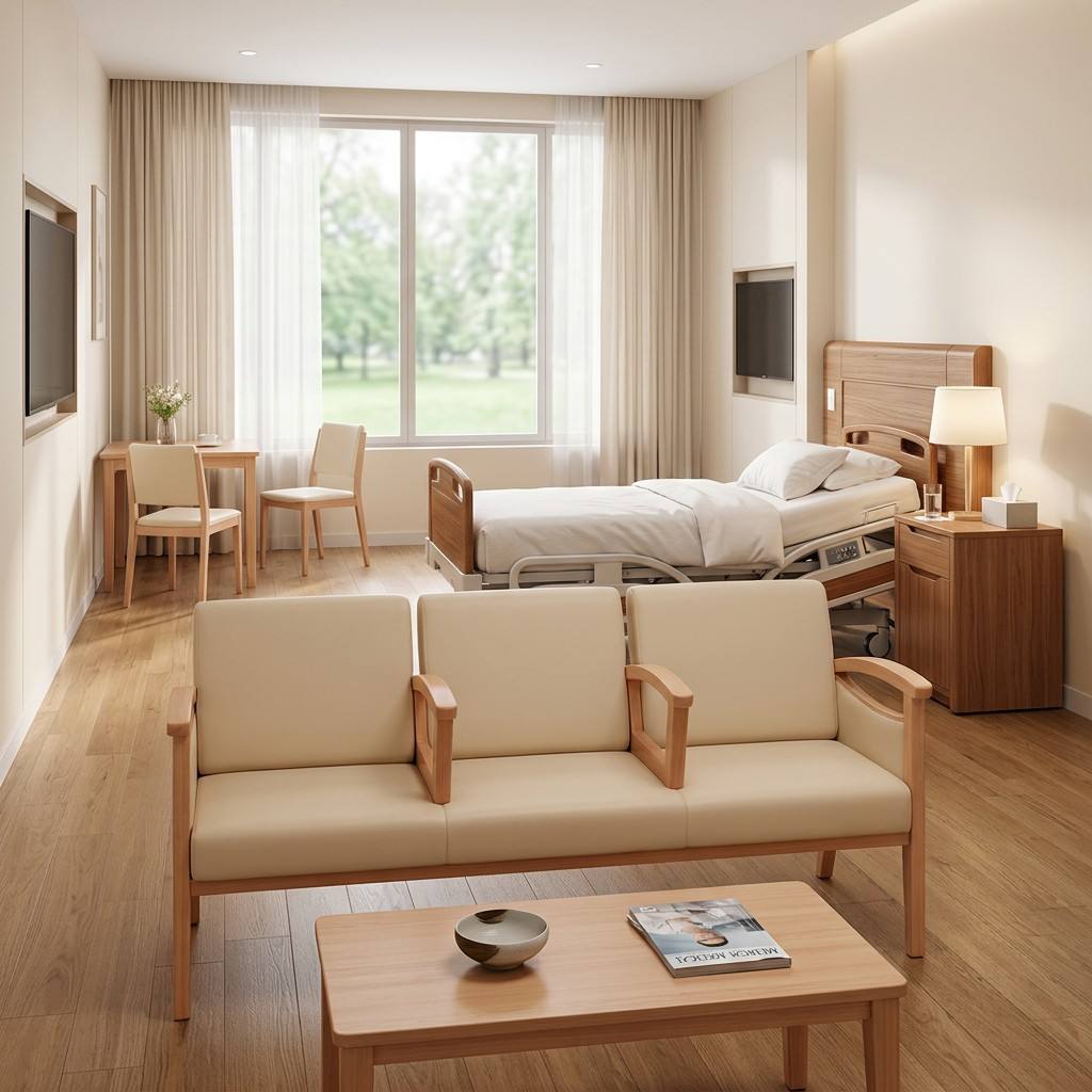 Hospital Waiting Sofa with Armrest Dividers | Solid Wood Medical Lounge Seating for Clinics & Senior Living