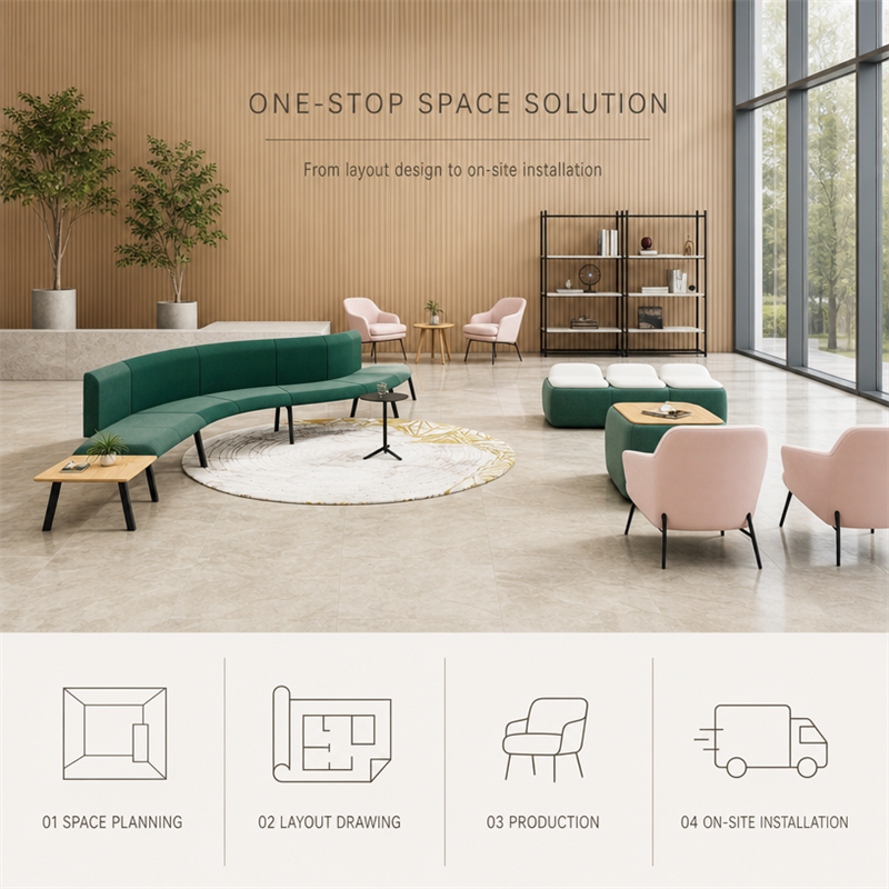 Green Curved Arc Sofa & Upholstered Bench Seating for Office Public Areas
