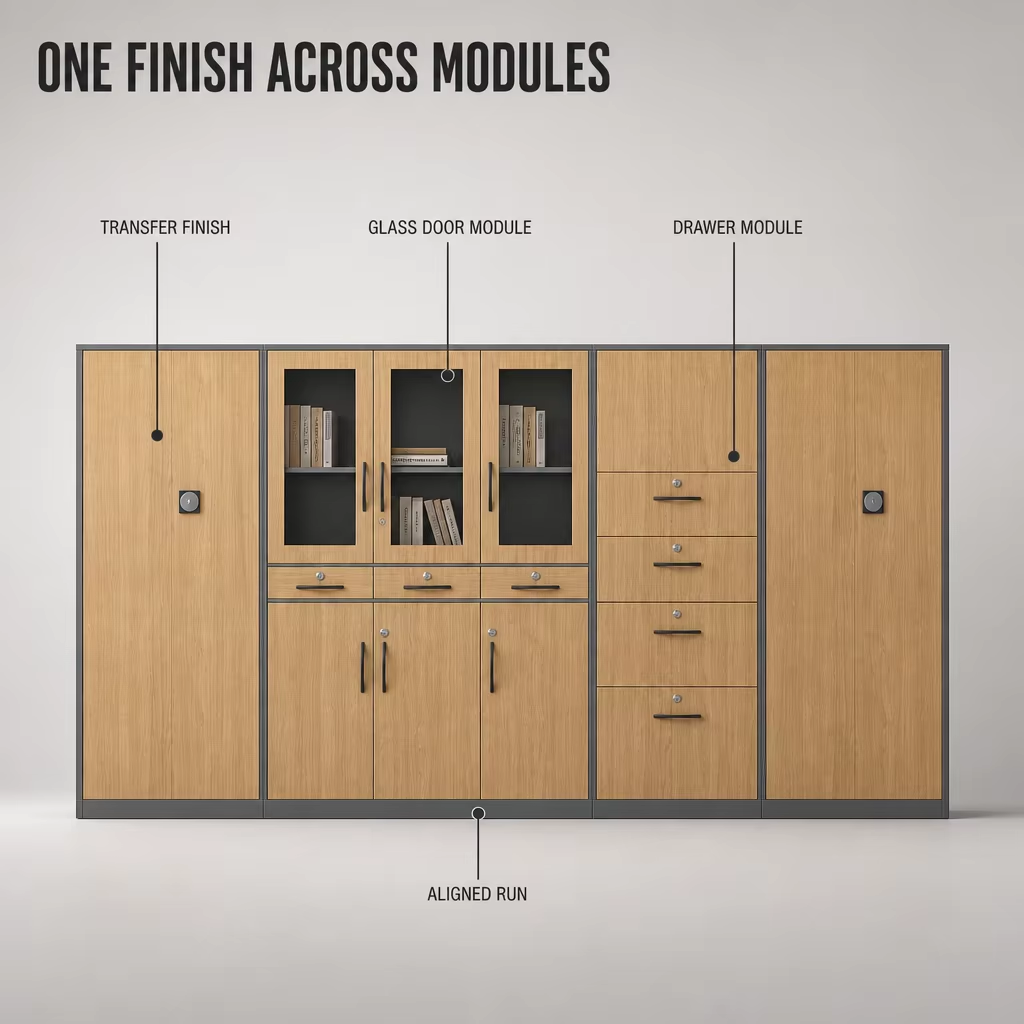 Wood Grain Metal Storage Cabinet Series with Glass and Solid Doors