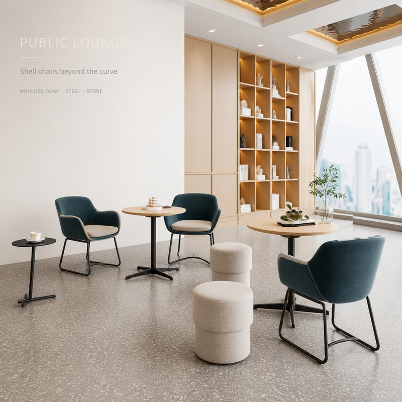 Round Seating Group for Office Atriums — Arc Sofa, Quilted Tables, Shell Chairs