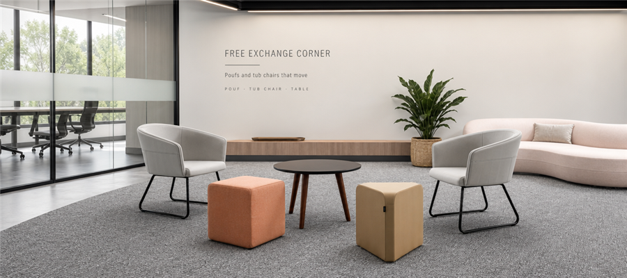 scene-training-exchange-corner-FREE EXCHANGE CORNER Curved seating and tub chairs
