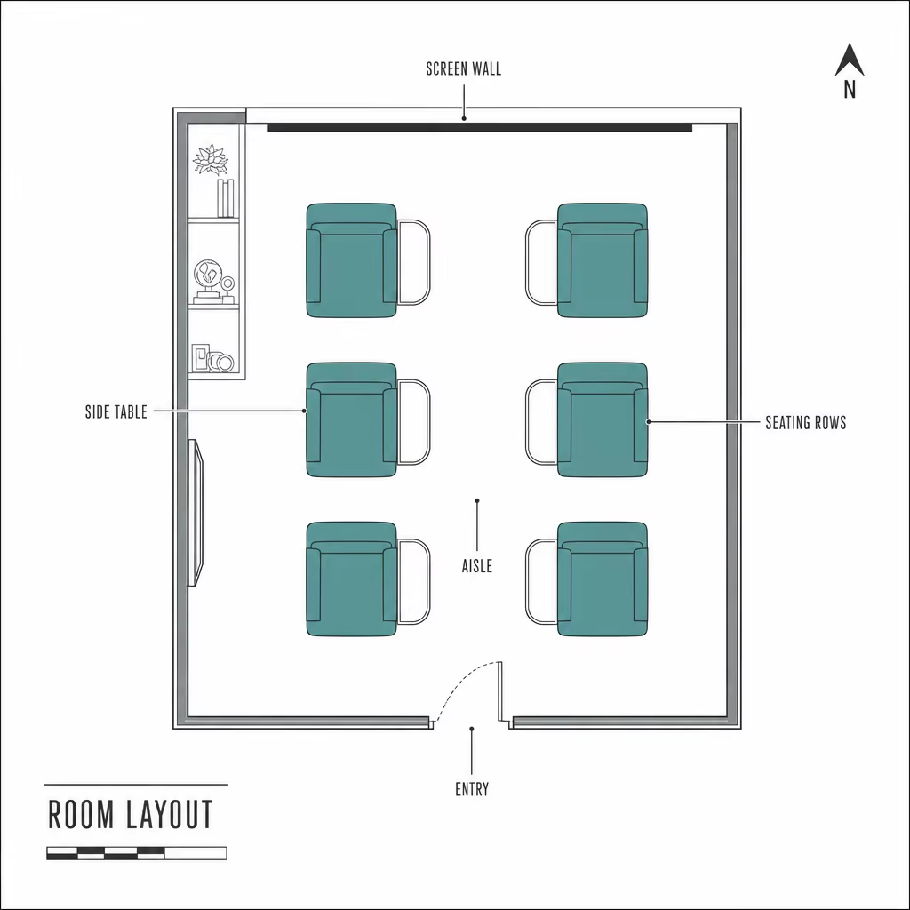Audio-Visual Room Seating with Wide Arms and Attached Side Tables