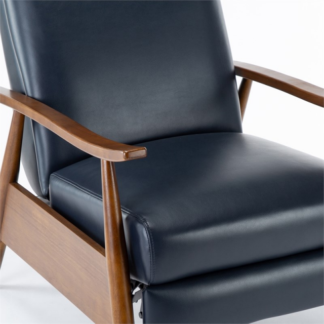 Blue Leather Recliner Chair with Wooden Arms