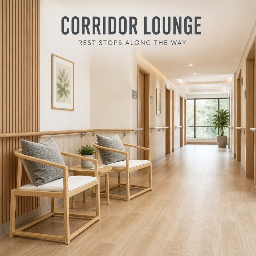  Senior Living Furniture Set with Japanese Style Solid Wood Curved Armrest Chairs for Healthcare Reception