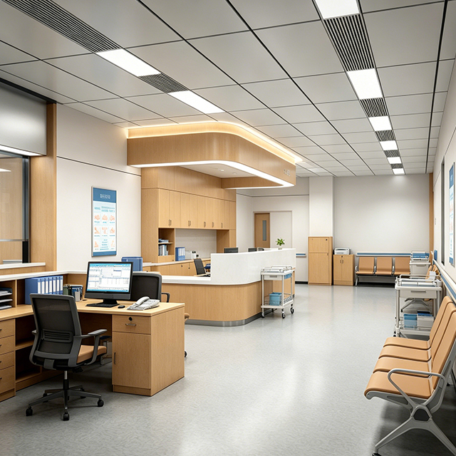 Hospital Reception Desk - Modern Wood Grain Medical Billing & Clinic Information Counter