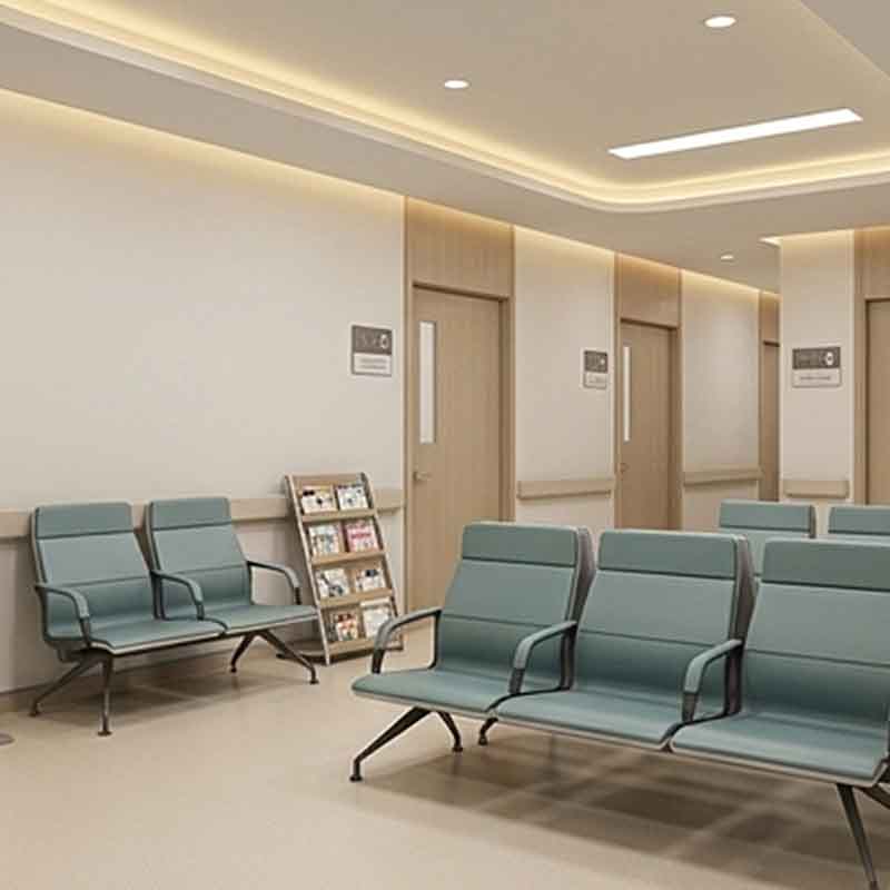 Modern Hospital Waiting Area Seating with Antimicrobial Vinyl Cushion & Heavy-Duty Metallic Reception Desk System