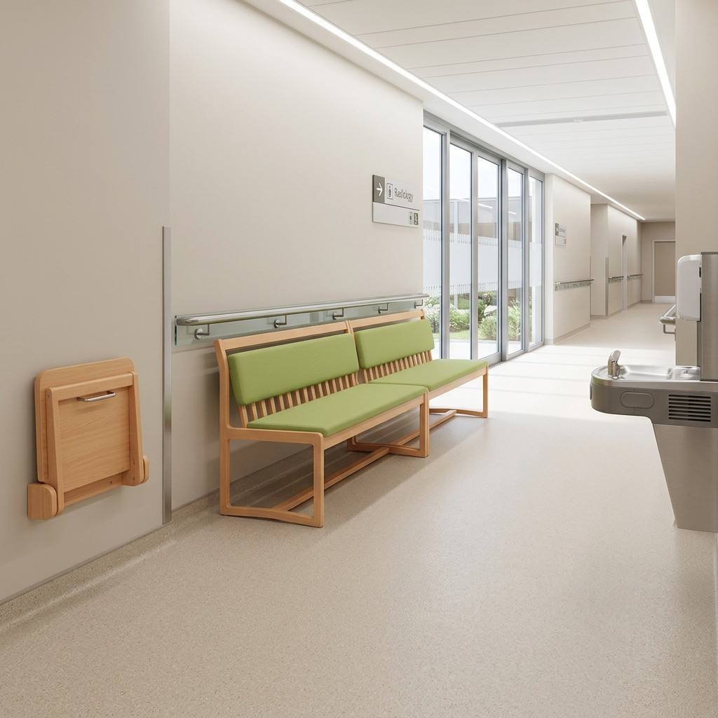 Hospital Waiting Bench with Upholstered Cushion | Solid Wood Medical Seating for Clinics & Nursing Homes