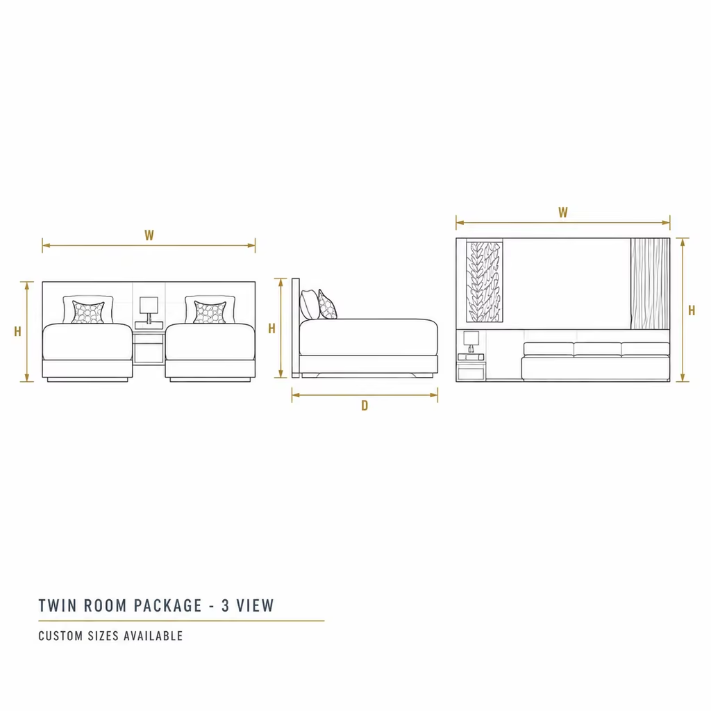 Hotel Style Twin Room Furniture Package with Built-In Headboard Wall
