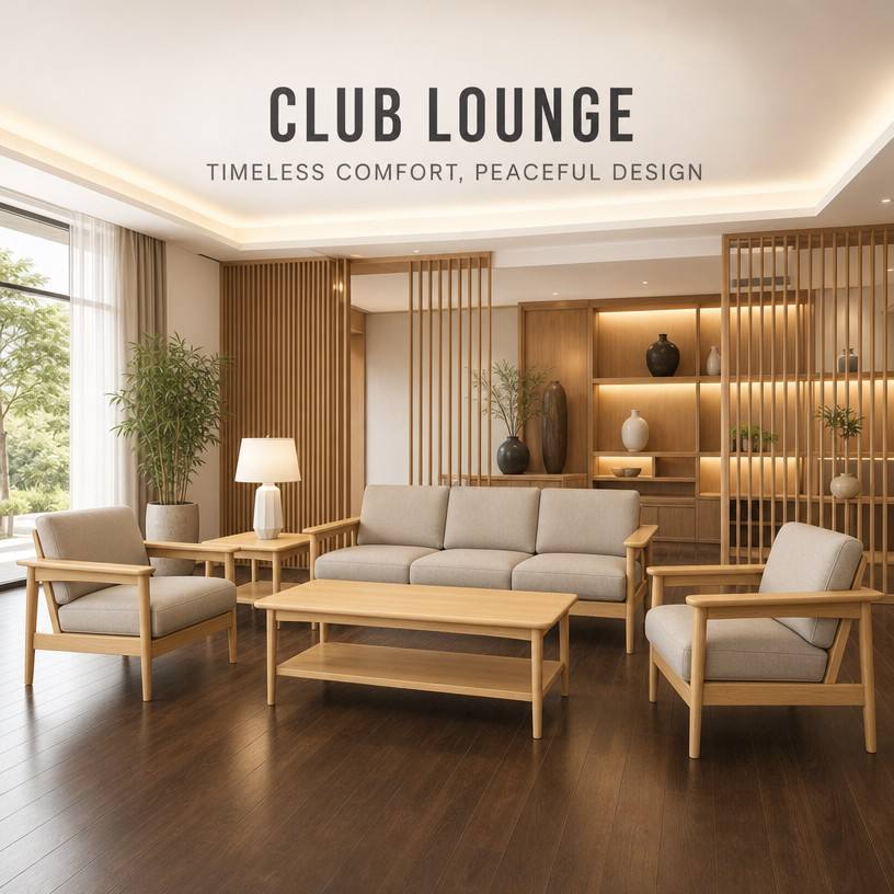  Zen Minimalist Solid Wood Lounge Sofa Set for Senior Living Receptions