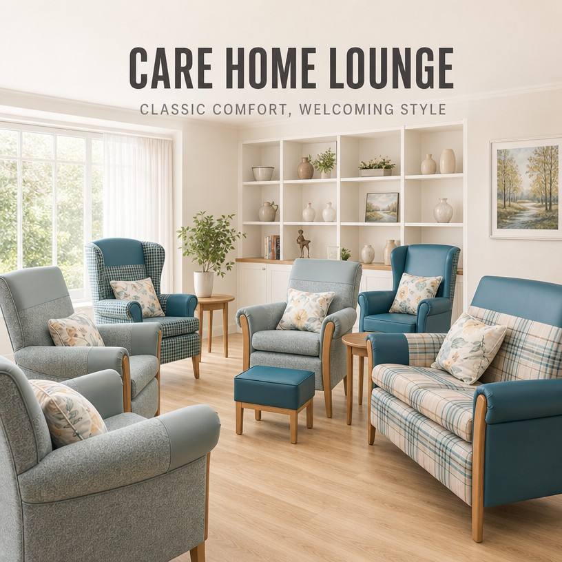  Plaid Lounge Armchair and Loveseat Set for Healthcare Senior Living Care Home Lobby and Visiting Rooms