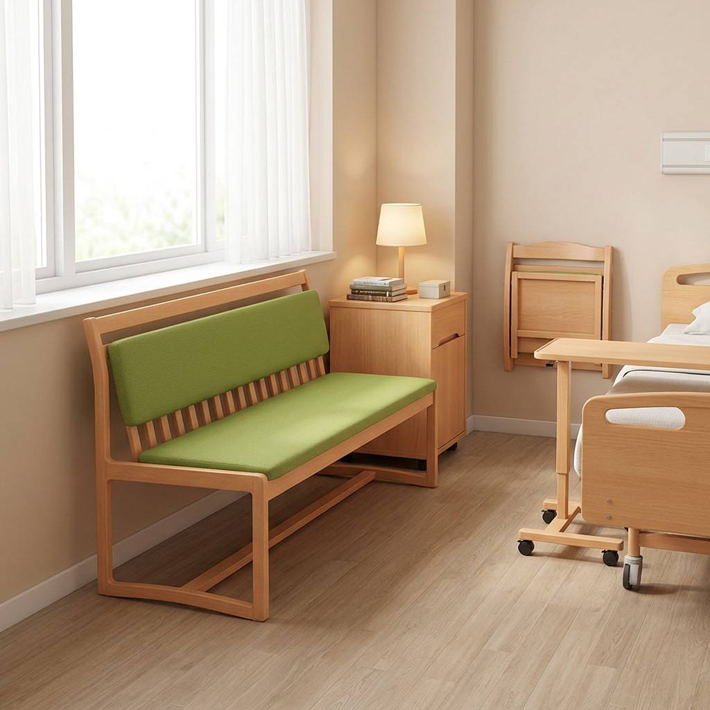 Hospital Waiting Bench with Upholstered Cushion | Solid Wood Medical Seating for Clinics & Nursing Homes