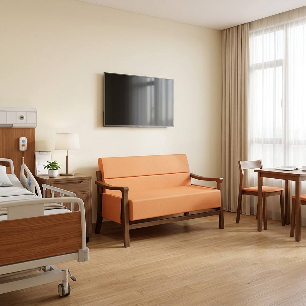2-Seater Hospital Visitor Loveseat with Sculpted Wood Armrests | Mid-Century Medical Lounge Sofa for Clinics & Senior Living
