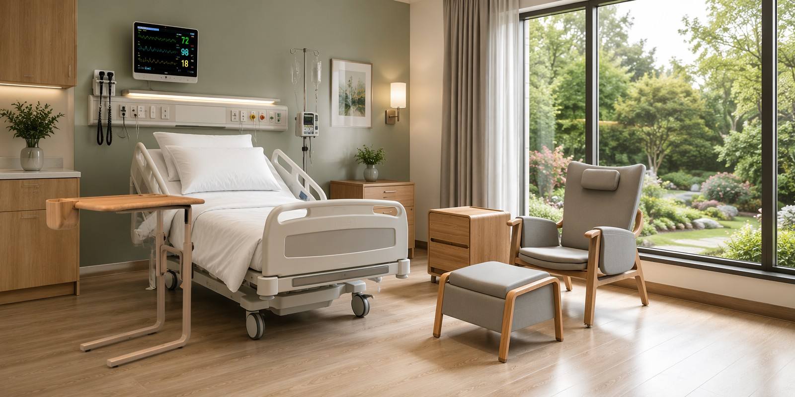 Panoramic private ward seating and accompanying furniture 