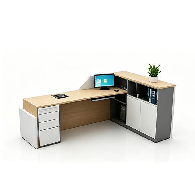 Medical Reception Desk Modern Wood Grain Nurse Station with Integrated Cable Management