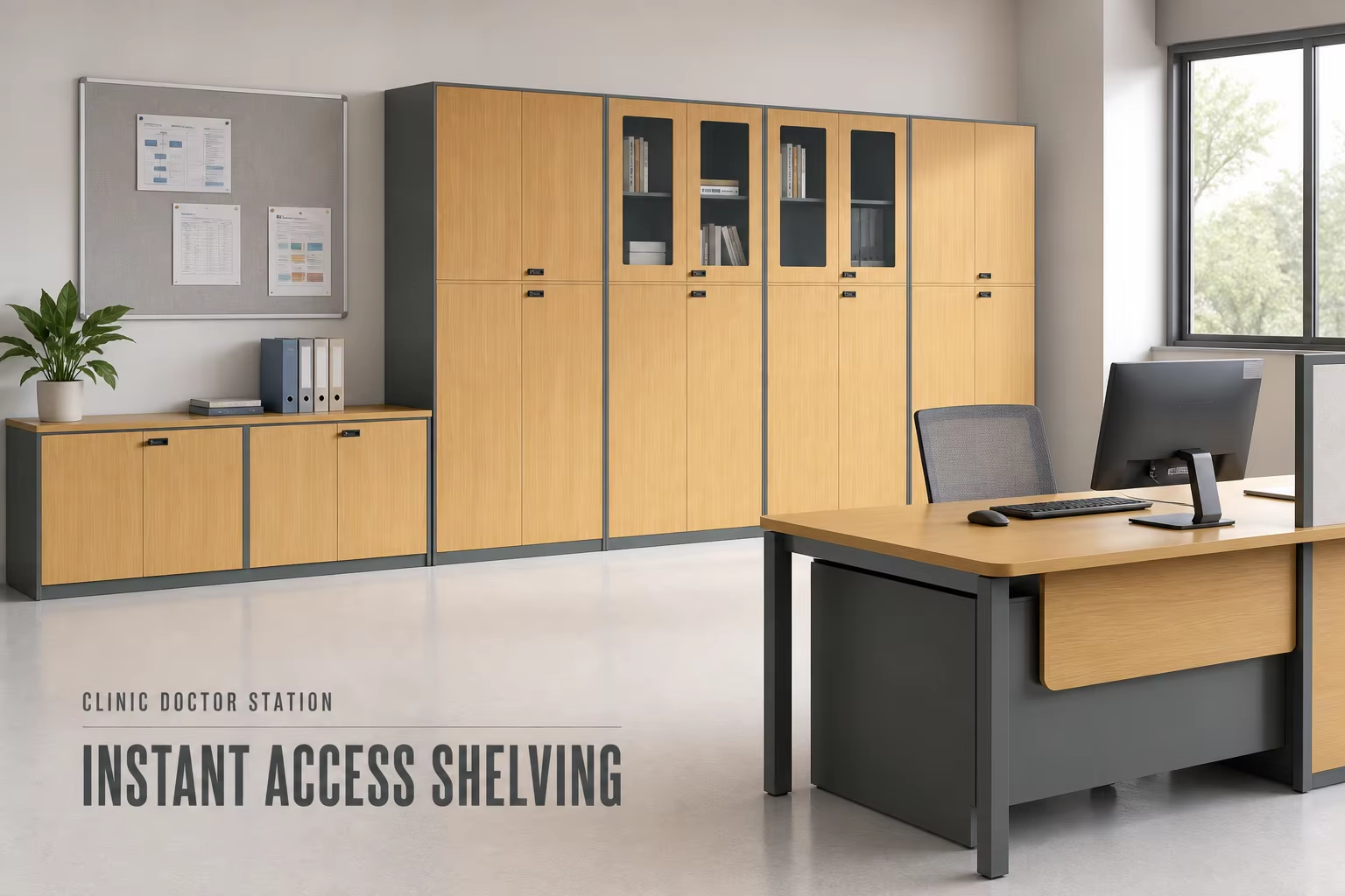 glass, solid and open modules in one wood grain finish metal frame storage cabinet