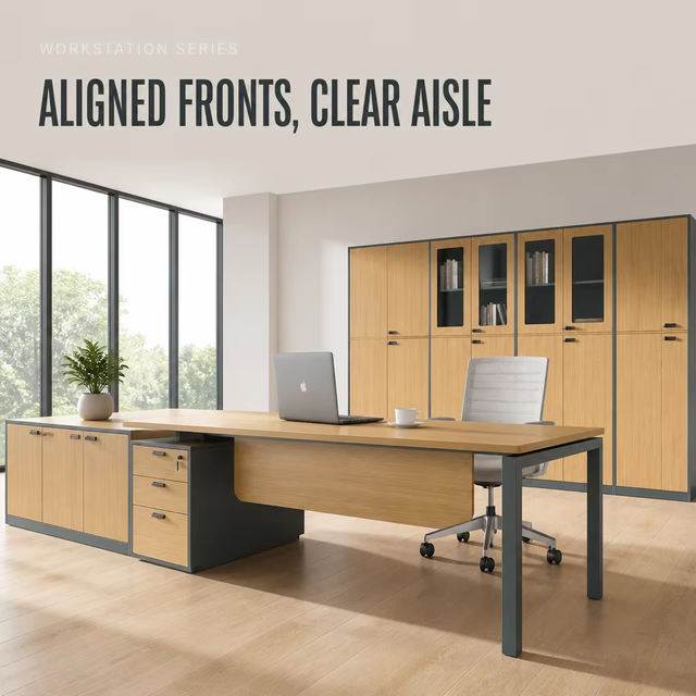 Wood Grain Metal Office Workstation Series with Desk Storage Runs