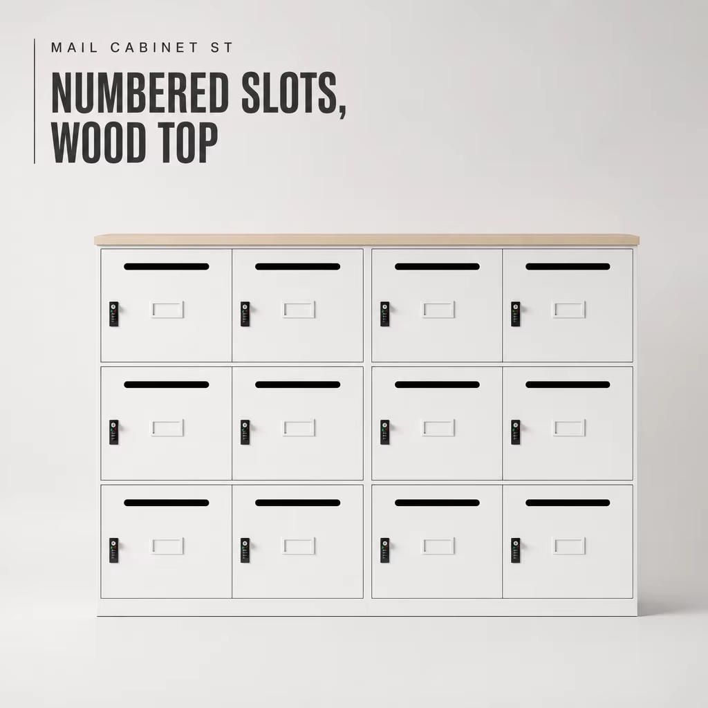 Metal Locker Cabinet with Numbered Slots and Wood Top