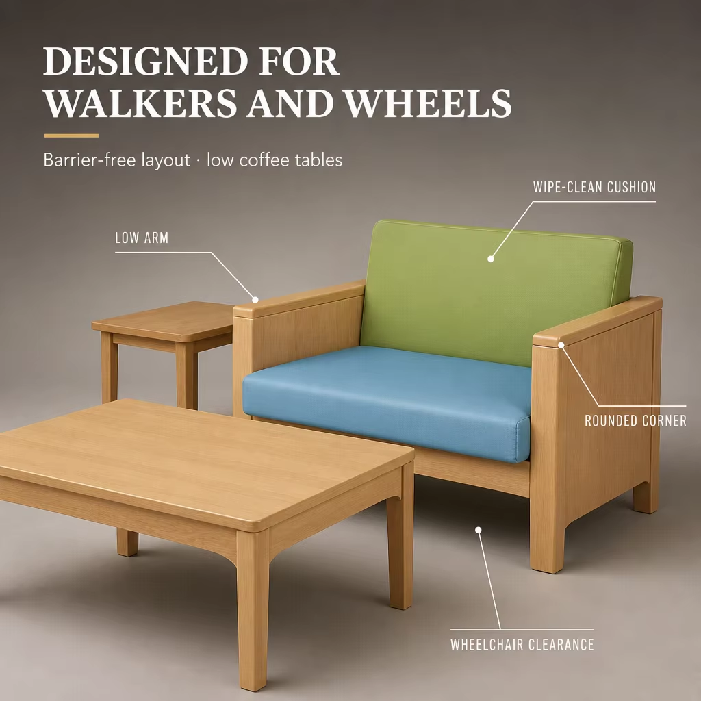 Public Lounge Seating with Barrier-Free Layout and Low Coffee Tables
