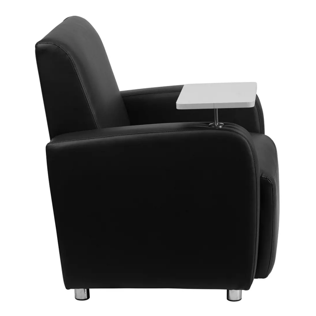 Black Leather Guest Reception Chair with Tablet Arm