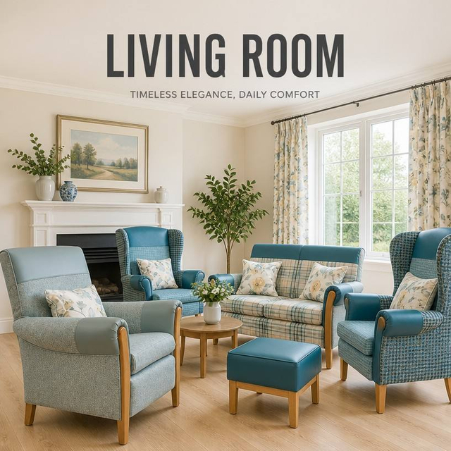  Plaid Lounge Armchair and Loveseat Set for Healthcare Senior Living Care Home Lobby and Visiting Rooms