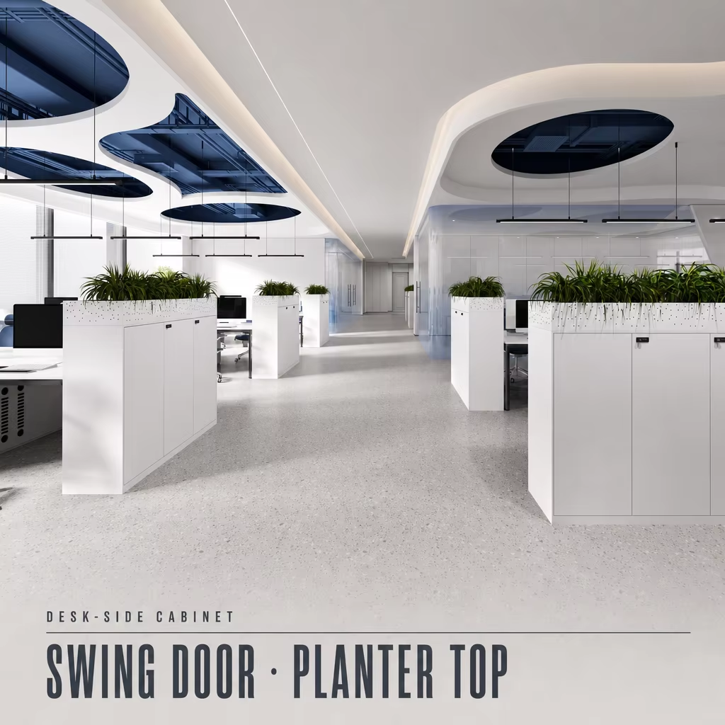 Desk-Side Metal Storage Cabinet with Swing Doors and Planter Top