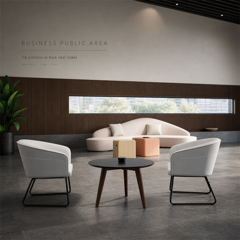 Organic Curve Lounge Sofa Set with Moveable Poufs for Public Areas