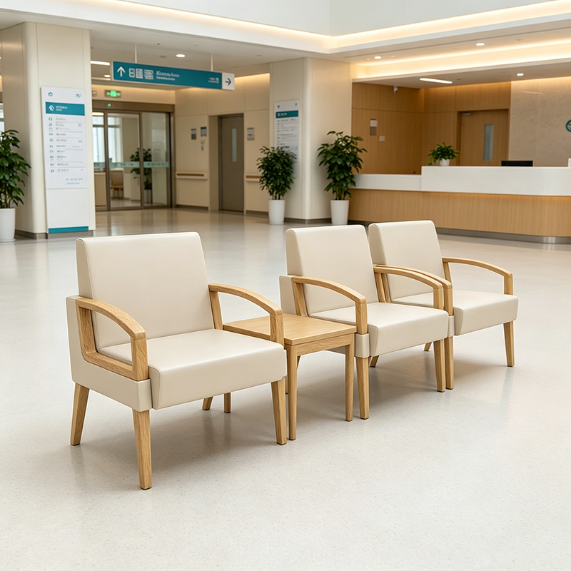 Waiting Room Chairs for Hospital - Modular Solid Wood PU Leather Clinic Reception Seating Bench with Integrated Tea Table