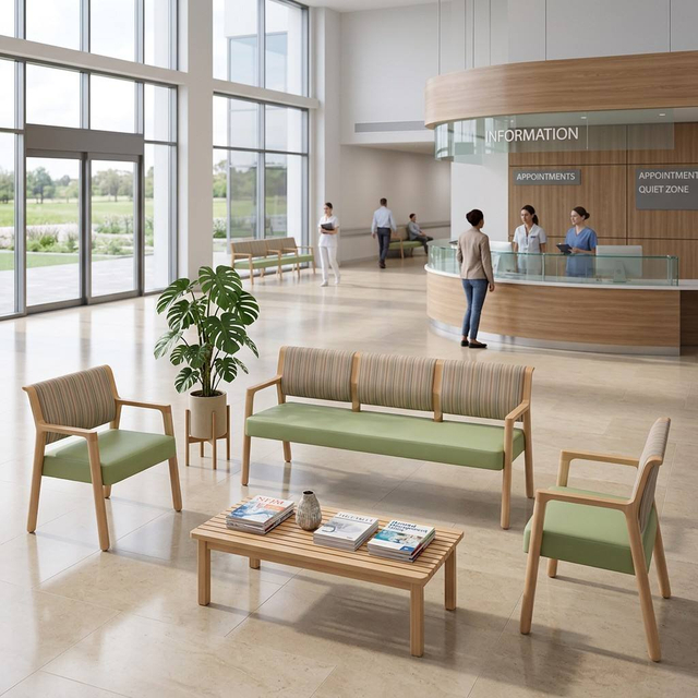 3-Seater Hospital Waiting Room Bench | Solid Wood Medical Clinic Seating for Nursing Home & Healthcare Facility Reception