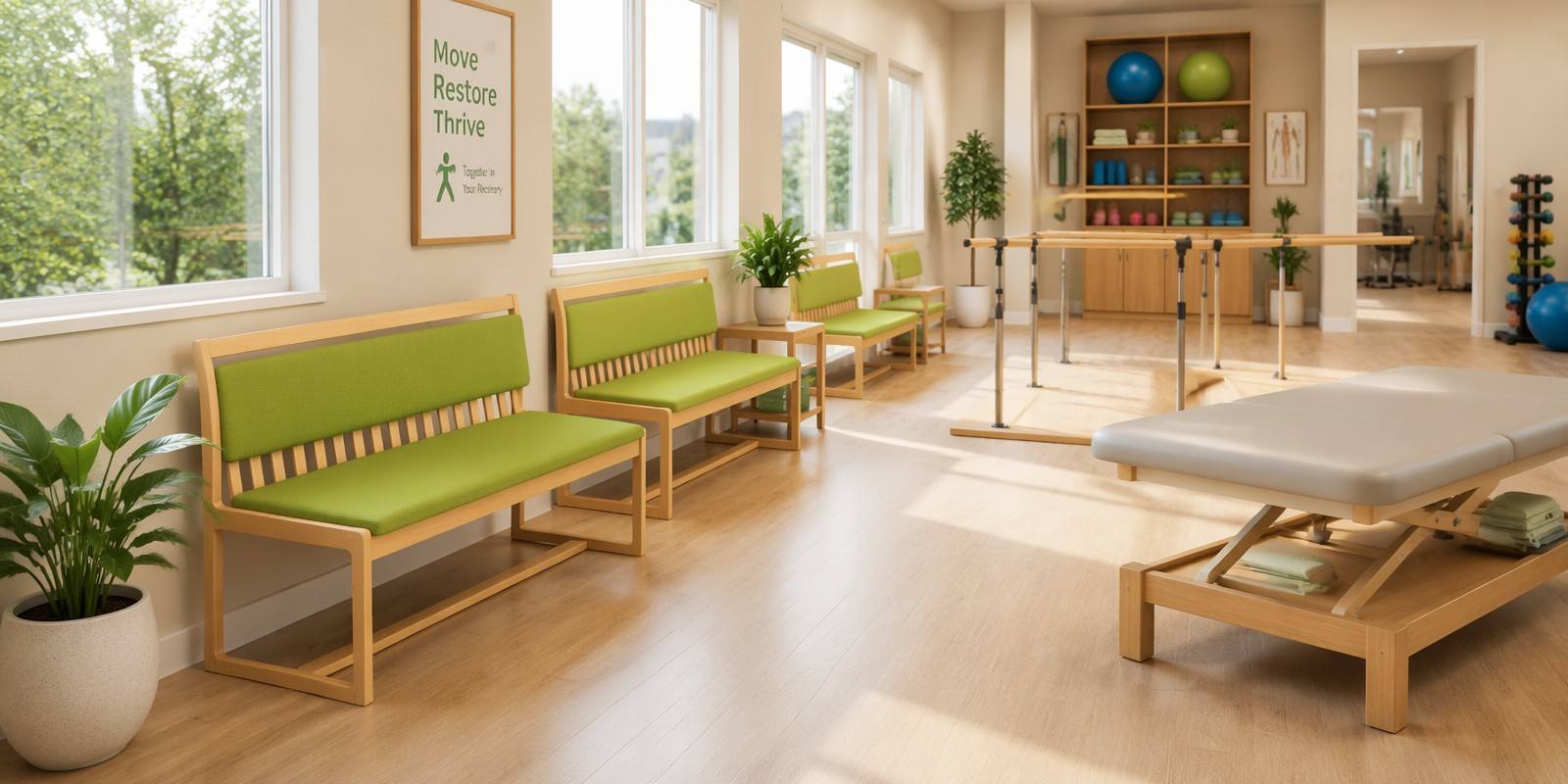 Furniture for Rehabilitation and Physiotherapy Centres Physiotherapy Beds, Storage Cabinets, Matching Benches